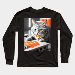 Cat Eating Sushi - Modern Digital Art Long Sleeve T-Shirt